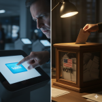 A glowing digital touch screen with a "Submit" button being hovered over by a skeptical-looking finger or an old-fashioned paper ballot box.