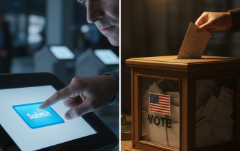 A glowing digital touch screen with a "Submit" button being hovered over by a skeptical-looking finger or an old-fashioned paper ballot box.