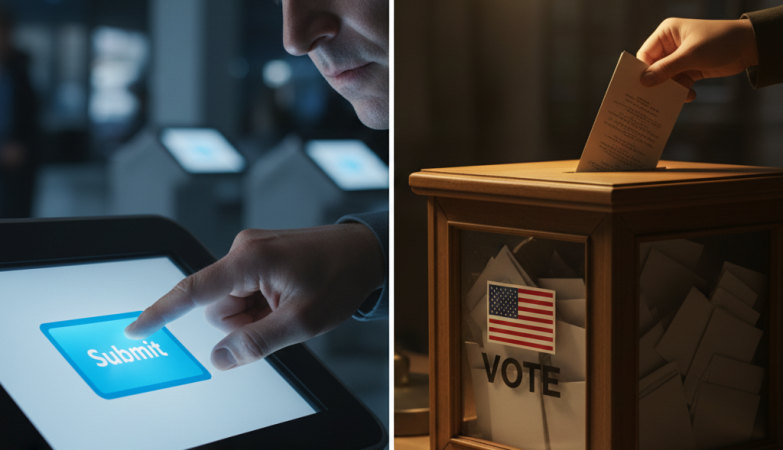 A glowing digital touch screen with a "Submit" button being hovered over by a skeptical-looking finger or an old-fashioned paper ballot box.