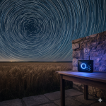A long-exposure shot of satellite streaks in the night sky or a modern router glowing in a dark, rural setting.