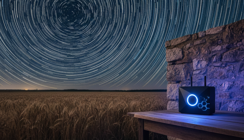 A long-exposure shot of satellite streaks in the night sky or a modern router glowing in a dark, rural setting.