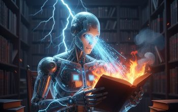 high-contrast image of a "Mechanical Scribe" a glass-and-silicon figure reading a burning paper book