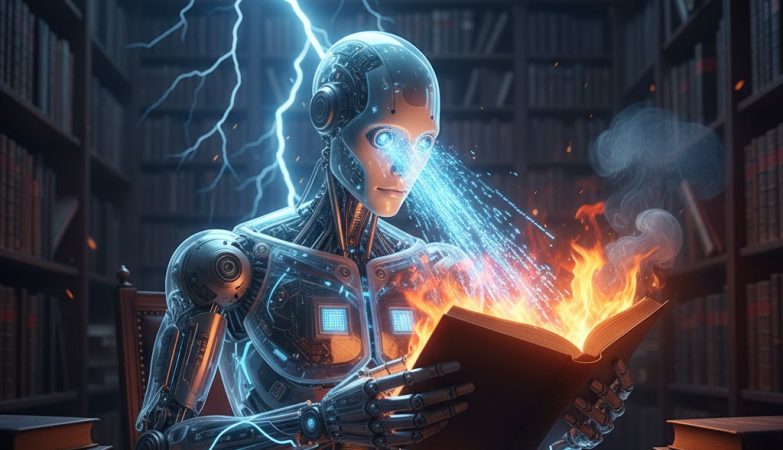 high-contrast image of a "Mechanical Scribe" a glass-and-silicon figure reading a burning paper book